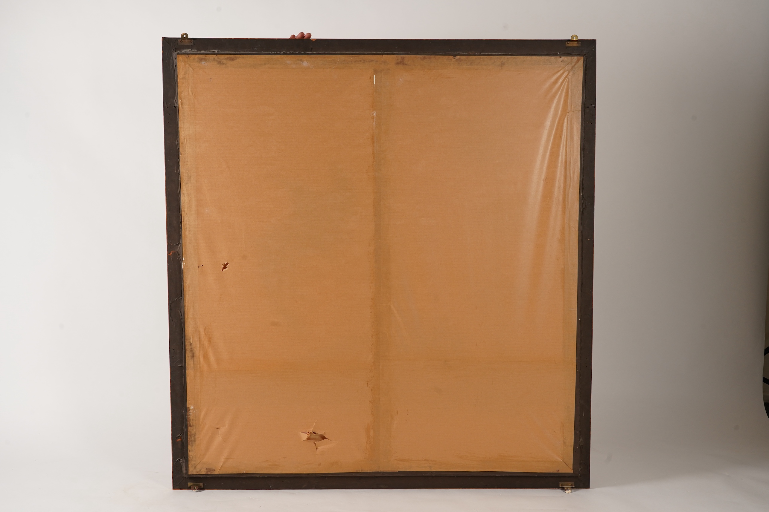A large Japanese embroidered ‘fighting cockerels’ panel, Meiji period, signed Kawauchi, dated August 14, 1907